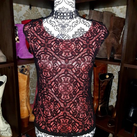 Express top Lace overlay Coral/black tight stretch top - Picture 1 of 11
